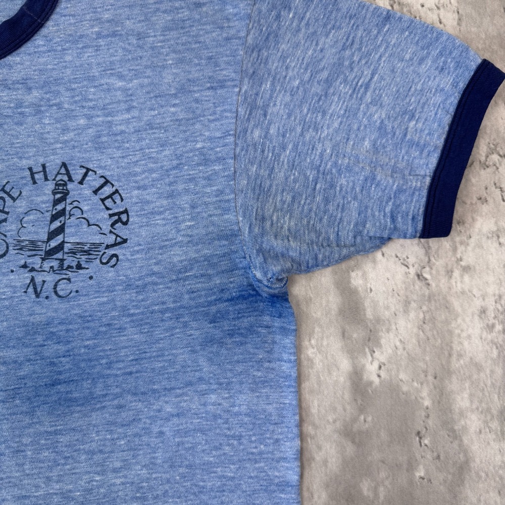 Vintage Cape Hatteras Ringer T-Shirt Mens Large Blue Carolina Paper Thin 70s - Picture 3 of 11